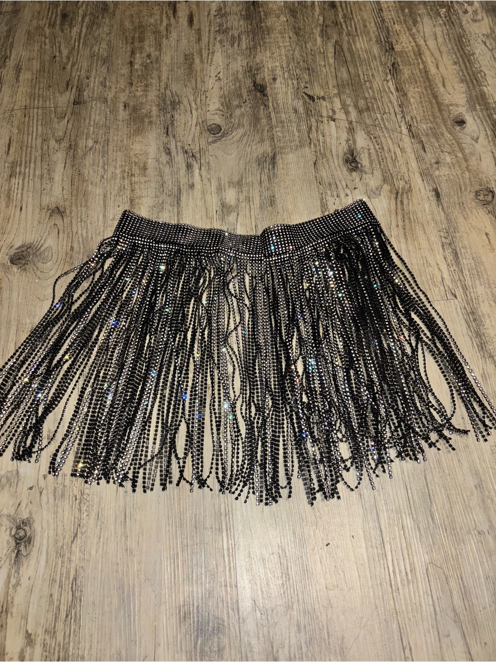 Black Rhinestone Fringe Mini Skirt
